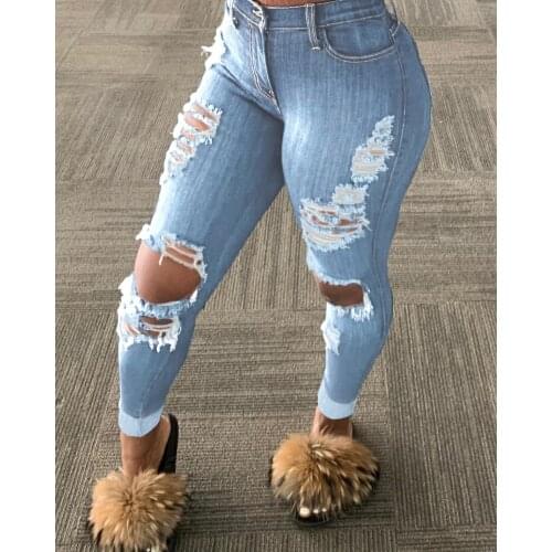 WomenS Korean Ripped Denim Tights Slim Jeans Fashion Solid Color Torn Tassel Stretch Mid-Waist WomenS Denim Pants