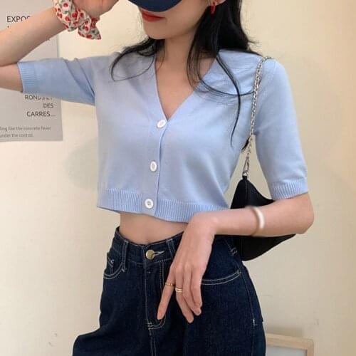 YOUNG STYLE Womens Fashion V-neck Button Short Section Exposed Navel Knitted Short Sleeved T-shirt Cardigan
