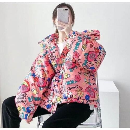 Down Jacket Women 2021 Mid-length Casual Bread Jacket Loose Printed Hooded Jacket Tide Korean Winter New Style