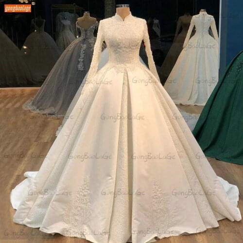 Arabic Ivory Wedding Dresses 2021 Long Sleeves Vestido De Novia High Neck Lace Up Appliqus Bridal Dress Ball Gown Abito Da Sposa