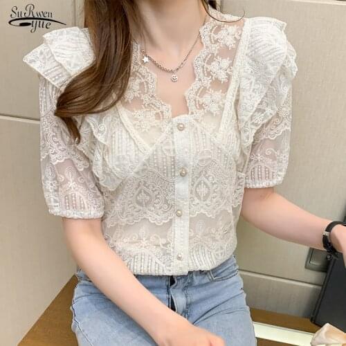 2021 Summer Shirt Sexy Lace Shirt V-neck Fashion Style Base Shirt with Sling Hollow Out Small Shirt French Short Sleeve 13989