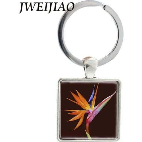 JWEIJIAO The Bird of Paradise Flower Keychains Metal Keyring Plant Art Picture Glass Cabochon Square Pendant Jewelry Gift J422