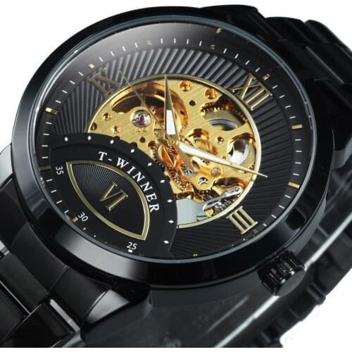 WINNER Top Brand Luxury Auto Mechanical Watch Men Golden Stainless Steel Strap Skeleton Dial Fashion Business Wristwatches 2019