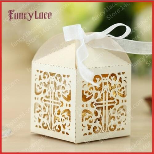 DIY Laser Cutting Flower CROSS Wedding Favor Box, Gift Candy Chocolate Boxes for Christ Wedding Birthday Party Decorations,50PCS