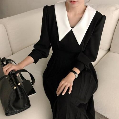French Vintage Elegant Lapel Collar Long Sleeve Midi Dress Womens Autumn Korean Slim Black Pleated Party Ladies Long Dresses