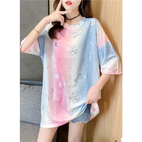 2021 Summer Loose Women Stranger Things Oversized T Shirt Medium Length Shiny Print Short Sleeve O-neck Tshirt Streetwear Bright