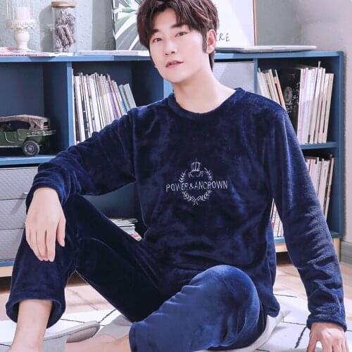 H5746 Men Flannel Pajamas Autumn Winter Korean Plus Velvet Sleepwear Set Male Long Sleeve Coral Fleece Comfortable Home Clothing