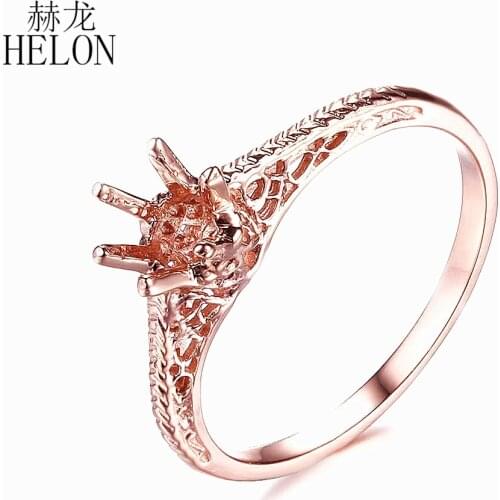 HELON Solid 14k Rose Gold Round 4-5mm Solitaire Antique Art Deco Vintage Semi Mount Ring Setting Women Fine Jewelry wholesale