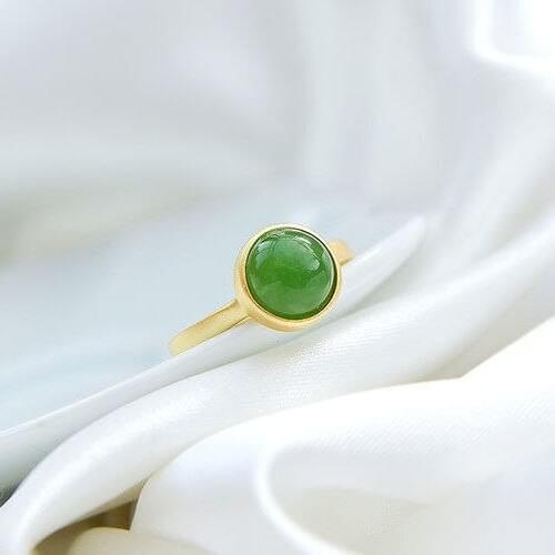 Natural Hetian Jade Green Jade round Ring Simple Personality Geometric S925 Sterling Silver Temperamental Opening Ring Ornament