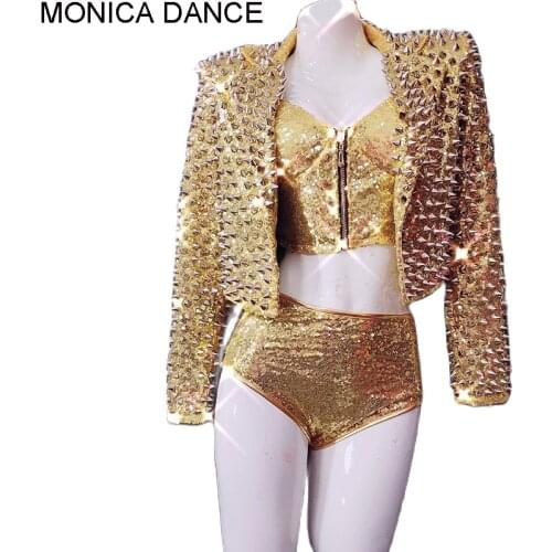 4 Color Women Sexy Stage Sparkly Rivets Sequins Jacket Bra Short Set Birthday Prom Outfit Singer Dancer Costume Bar Outfit Set