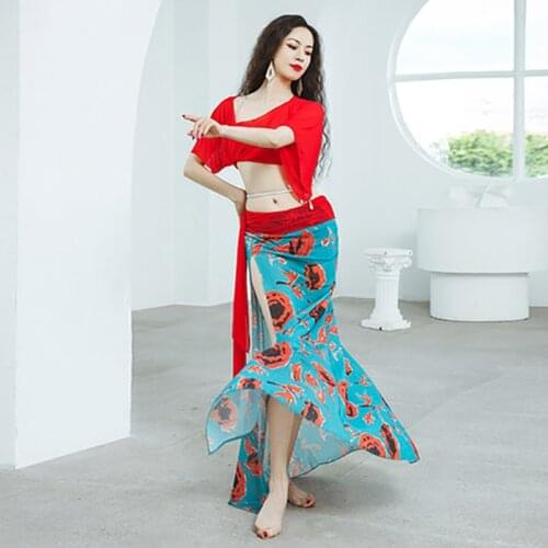Belly Dance Performance Costumes 2021 Belly Dance Printing Practice Group Clothes Soft Flower Practice Clothes Top and Pants