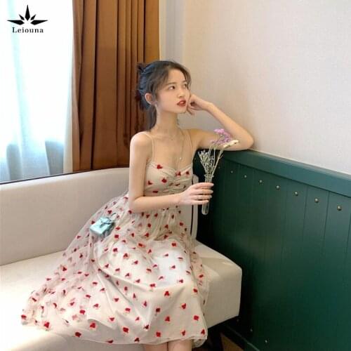 Leiouna Spaghetti Strap V-Neck New Women Sleeveless Lace Floral Retro Sweet Print Flower Fairy Female Long Girl Summer Dress