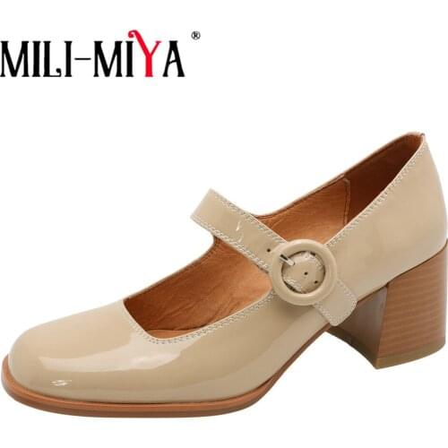 MILI-MIYA Fashion Thick Heels Women Genuine Leather Pumps Buckle Strap Round Toe Solid Color Casual Street Shoes Size 34-40