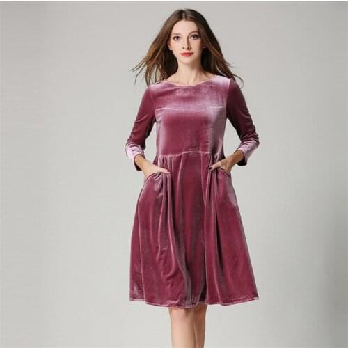 2020 Fashion Women Plus Size Autumn Velvet Dress M-7XL 8XL Elegant Party Dress With Pocket 10 Color Midi Dress