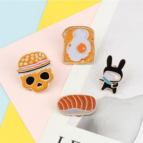 Fashion Breakfast Brooches Cartoon Sushi Bread Rabbit Enamel Pin Bag Clothes Lapel Pins Buttons Badge Accessories Gift for Kids