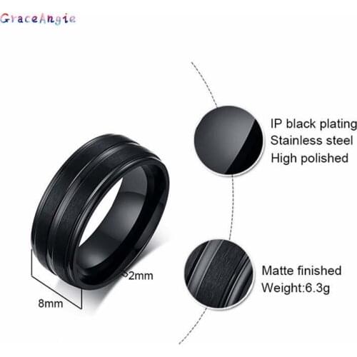 GraceAngie Man 8mm Frosted Matte Simple Ring Black Stainless steel for Men Trendy Tail Ring Wedding Band Jewelry Gift Size 7-12