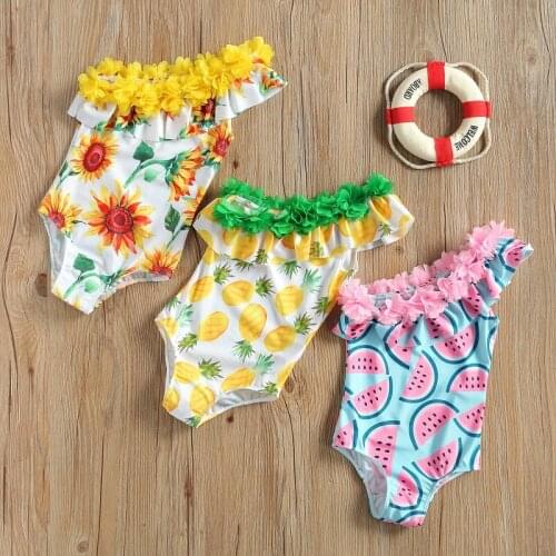 1-5Y Toddler Kids Baby Girl Sleeveless One Shoulder Print Floral Swimming Romper Swimming Bathing Suit