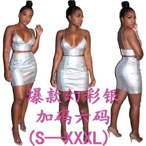 European and American summer sexy womens clothing fashion personality Symphony silver sling deep V skirt two-piece suit