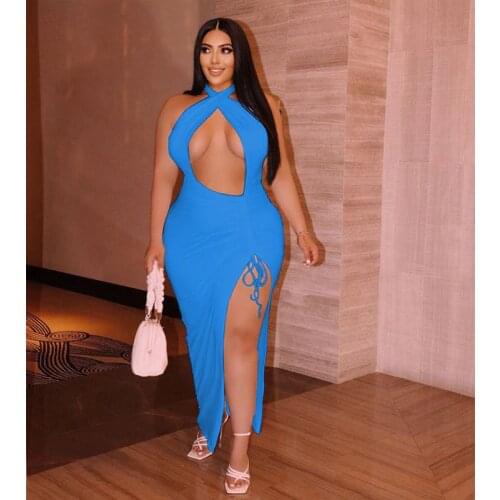 TNNAOFF Plus Size Hollow Bodycon Maxi Dress for Women Summer Sexy Sleeveless Backless Split Hem Oversize Clubwear Long Dresses