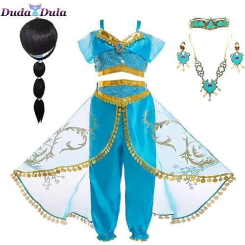 Christmas Halloween Party Girls Fancy Aladdin Dress Jasmine Princess Cosplay Costume Kids Girls Clothes Sets Performance Costume