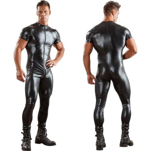 Sexy Males PU Leather Catsuit For Men Tight Skin Full Bodysuit Jumpsuit Front Zipper Open Crotch Latex Zentai Suit Costume 3XL