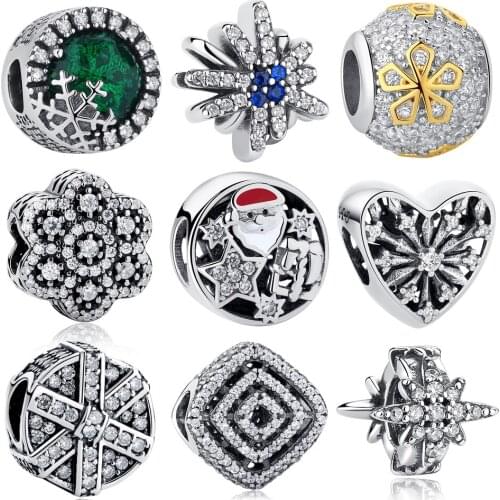 100% 925 Sterling Silver Santa Charm Bead Zircon Snowflake Flower Charm Fit Original Bracelet DIY Jewelry Christmas Gift
