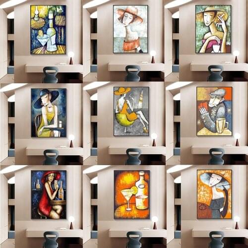 Vintage Girl Drinking Wines Abstract Art Canvas Painting For Living Room Nordic Cartoon Wall Art Cudros Posters Home Decor