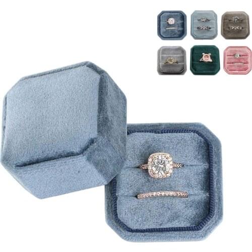 Octagon Velvet Ring Box Double Ring Display Holder with Detachable Lid Ring Box Holder for Wedding Ceremony(Pink)