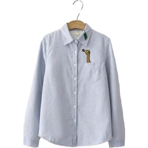 XUANHAO Women Animal Embroidery Thick Blouses Long Sleeve Turndown Collar Striped Shirts Femme 2020 Winter Plus Velet Blusa