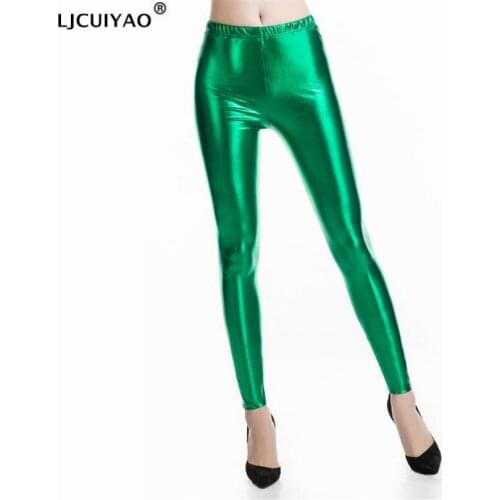 LJCUIYAO Fitness Leggings Laser Reflective Punk Rock PU Faux Leather Women Silver Gold Metallic Bright Pants Shining Knit Bottom