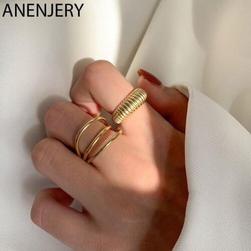 ANENJERY 925 Sterling Silver Gold Color Geometric Finger Ring for Women Men Mutil-layer Lines Open Rings Party Jewelry S-R925