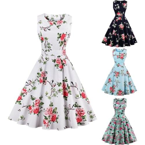 Hepburn Flamingo Print Midi Dress For Women Sleeveless High Waist Vinage Rockabilly Vestidos Pinup Swing Chic Pleated Dresses