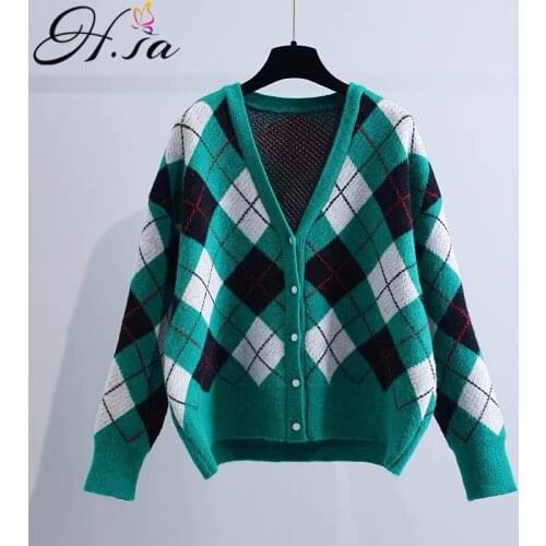 2021 cardigan sweater Winter V-neck Cardigan Knitted Coat Trendy Single-Breasted Korean Style Bottoming Argyle Sweater