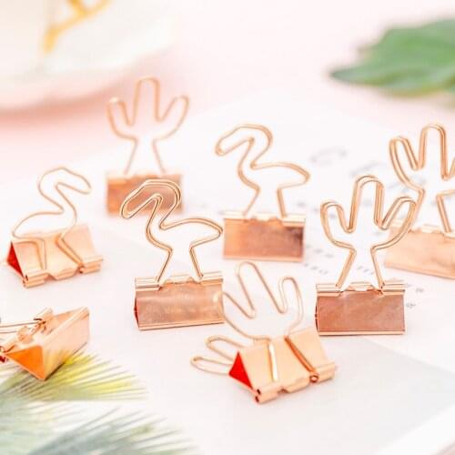 4Pcs Long Tail Clip Rose Gold Flamingo Dovetail Cactus Paper Clips Fourniture Bureau Student Teacher Material Oficina Binder