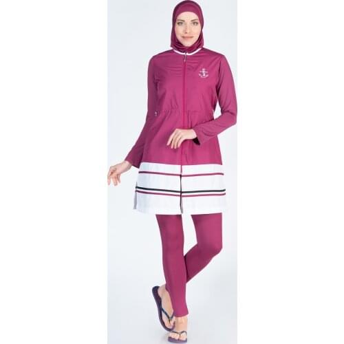 Alfasa 1276 Long Sleeve The Tights Anchor print 2'li Full Off Hijab Swimwear damson