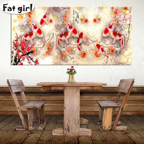 Chinese style Koi Fish diamond painting full square 5d diy embroidery round drills mosaic large painting rhinestones Handicrafts