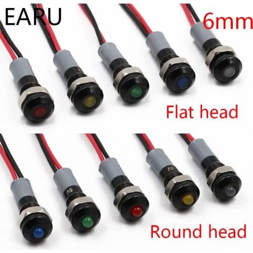 Black Body 6mm Waterproof IP67 Metal LED Warning Indicator Light Signal Lamp Pilot Wire Roud Flat 5V 12V 24V 110V 220V Red Blue
