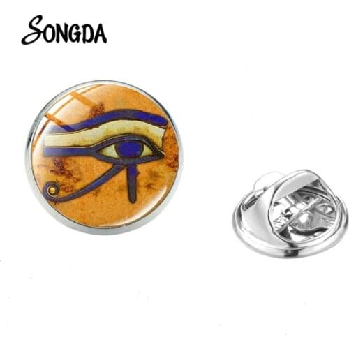 Egyptian Gods Power Eye Metal Brooch Ancient Eye Of Horus Glass Picture Stainless Steel Brooches Statement Men Lapel Pins