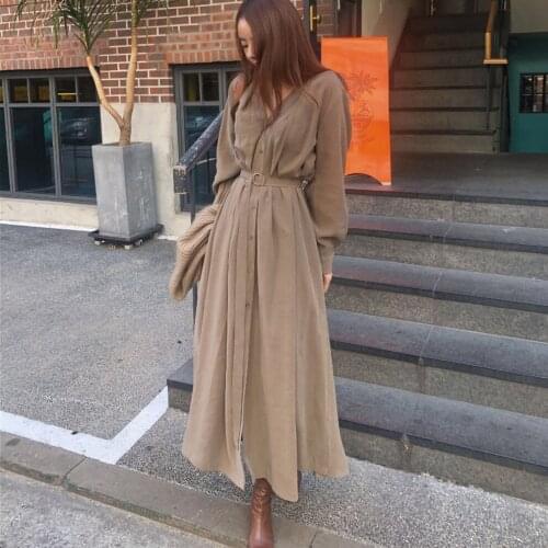 Elegant V-Neck Belt Long Sleeve Breasted Womens Dress Spring Korean Solid High Waist Straight Loose Dresses Female Streetwear