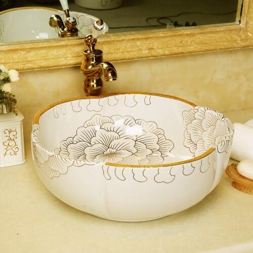 Europe Vintage Style Art wash basin Ceramic Counter Top Wash Basin Bathroom Sink flower shape wash basins peony pattern