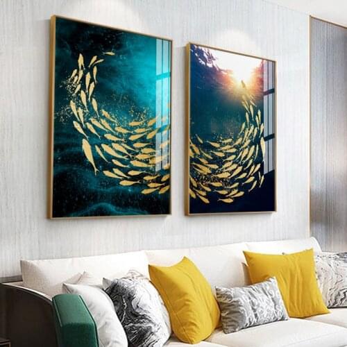 Deep Ocean Golden Fish Groups Canvas Painting Under The Sea World Abstract Art Seascape Landscape Posters & Prints Bedroom Decor