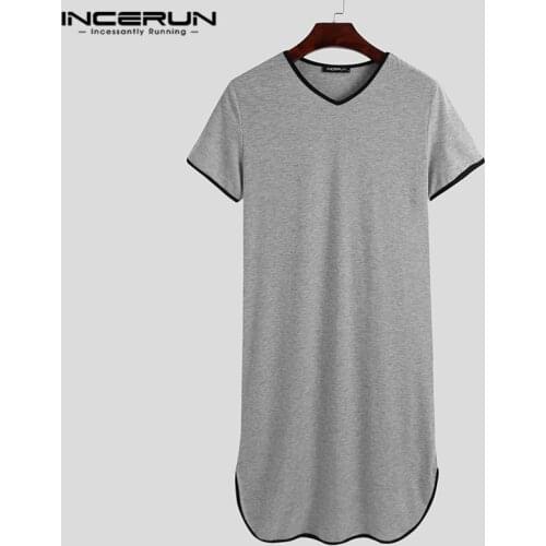 INCERUN Men Robes Homewear Patchwork V Neck Short Sleeve Soft Bathrobes Comfortable Men Nightgown Leisure Dressing Gown S-5XL