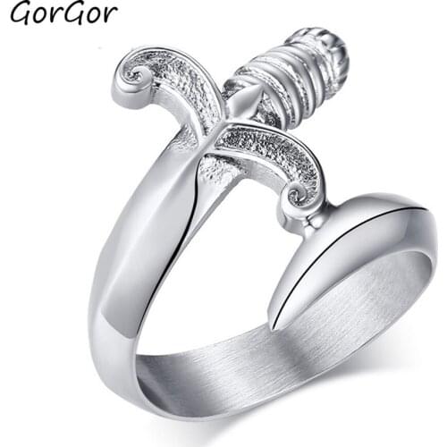 GorGor Rings Men Stainless Steel Pattern Curved Dagger Individuality Hip Hop Style Attractive Fashion Accessories RC-441