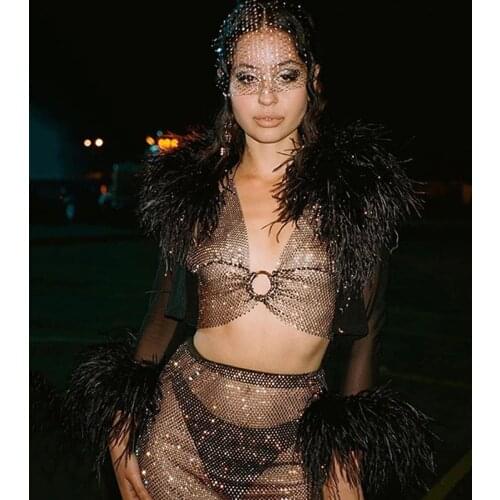 Black Brilliant Rhinestone Two Piece Set Low Cut Backless Crop Top Elastic Waist Diamonds Skirts Sexy Night Club Outfits 2020