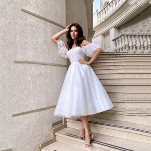 Short Off The Shoulder Wedding Dresses Boho A Line Pleated Beach Country Mariage Bride Gown Princess Tea- Length Robes De Mariee