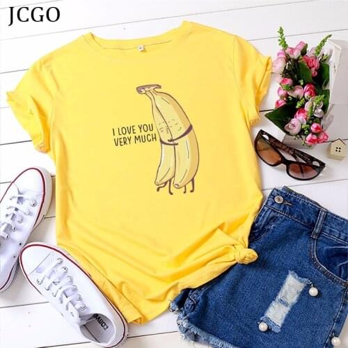 JCGO Summer Cotton Women T Shirt S-5XL Plus Size Short Sleeve Funny Banana Lover Print Tees Tops Casual O-Neck Female TShirt