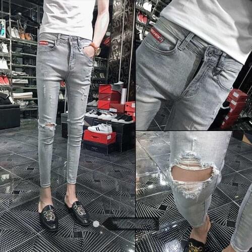 Summer 2020 new social guy ripped hole cat whiskers feet cropped skinny pants men hip hop fashion trend mens slim jeans