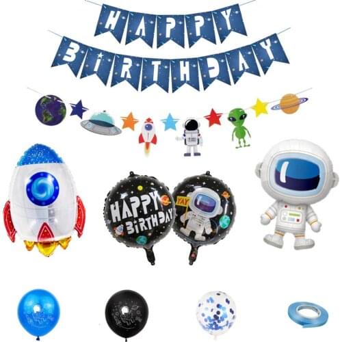 Creative Outer Space Theme Party Decor Set Solar Planet Party Banner Rocket Aluminum Foil Balloon Boys Kids Happy Birthday Gifts