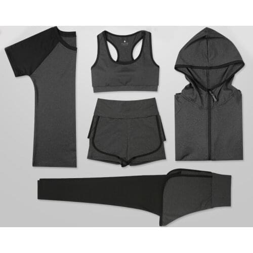 New Set Womens Yoga Bra Sport Suit Quick Dry 5 Piece Shorts Female Short-sleeve Long Pants Outdoor Sportswear Suit Fitness
