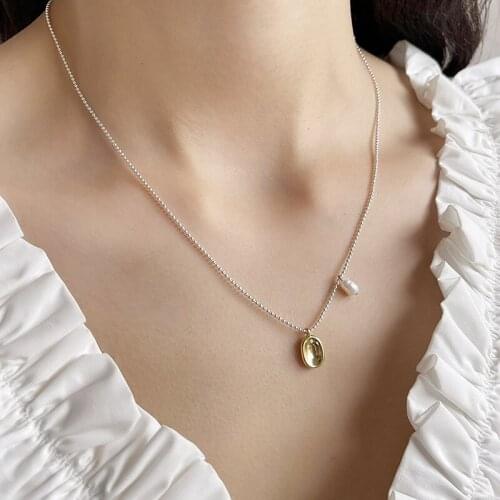 WTLTC Real 925 Sterling Sliver Hammered Small Coin Pendant Necklaces Single Freashwater Pearl Necklace With Beaded Link Jewelry